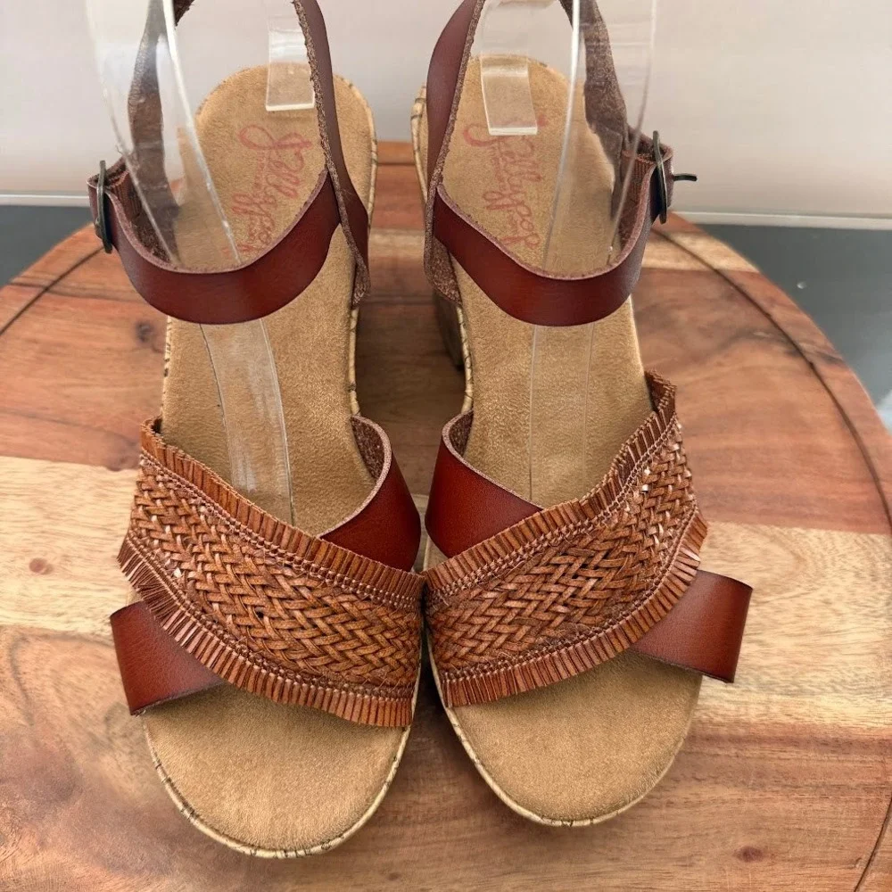 Jellpop Sharna Brown Woven Fringe Womens 8M Cork Platform‎ Wedge Sandals
